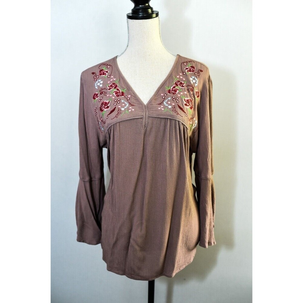 Miss Me Large Viscose light brown floral embroidered bell sleeve top